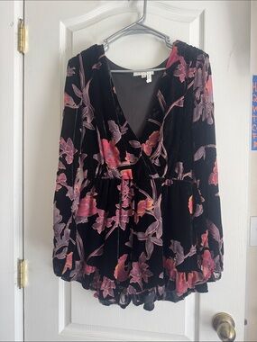 Honey Punch Black Velvet Floral Wrap Tunic Romper